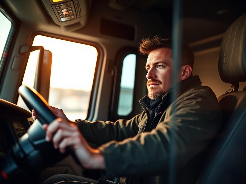 Professional truck driver in cabin