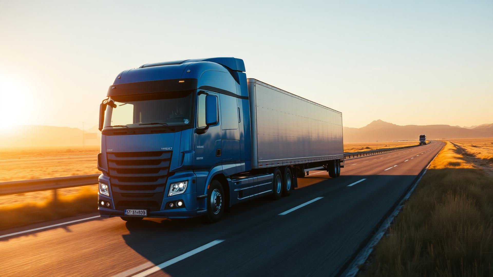 Blue semi-truck on highway at sunrise